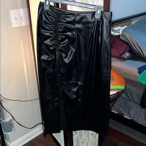 Cider Black Faux Leather Ruched Midi Skirt